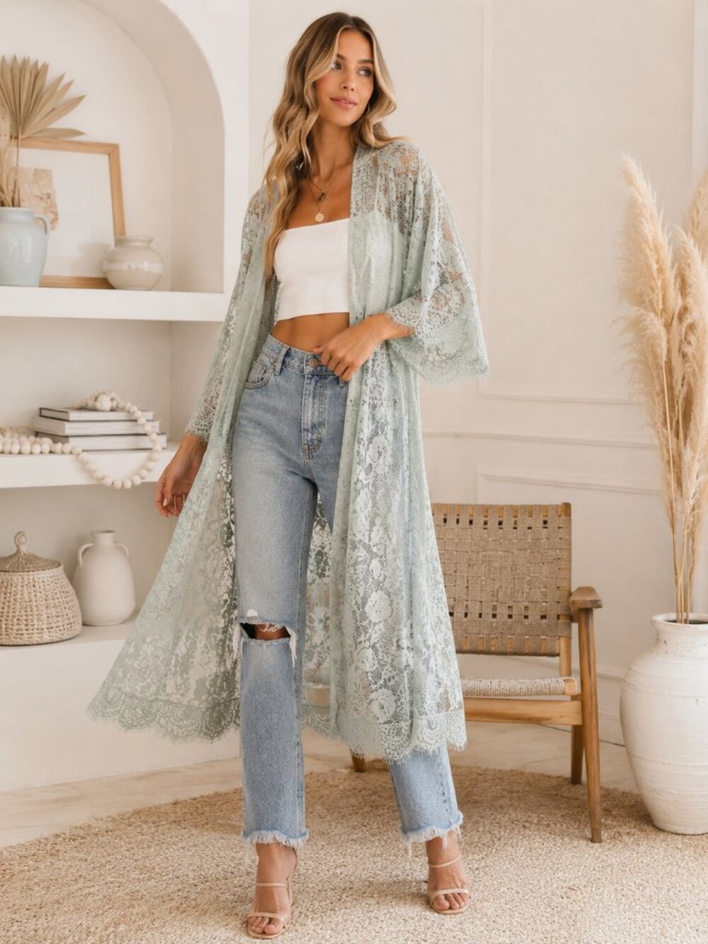 Lulus Sage Green Lace Duster Kimono Women’s Medium Sheer Floral Open Front